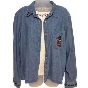 XL Embroidered Set Cherries Denim Button Up Shirt 2004 Christopher Banks cottage